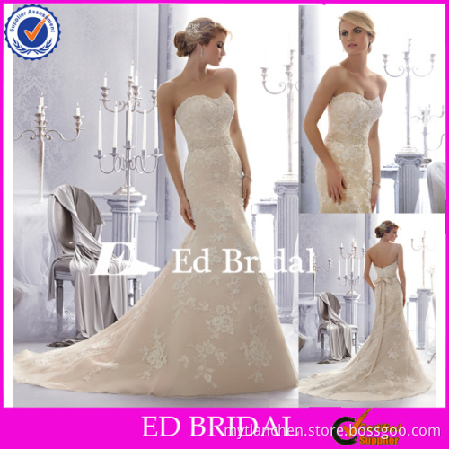 NC166 2015 New Collection Ivory Applique Light Pink Underneath Fishtail Bridal Dress Wedding Gown